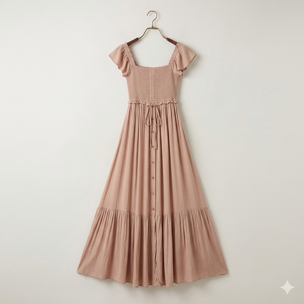 Dress Day Maxi Dress Small S Pink Smocked Off Shoulder Ruffle Tiered Rayon Boho